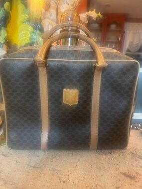 Celine Brown Canvas Briefcase with Tan Leather Trim